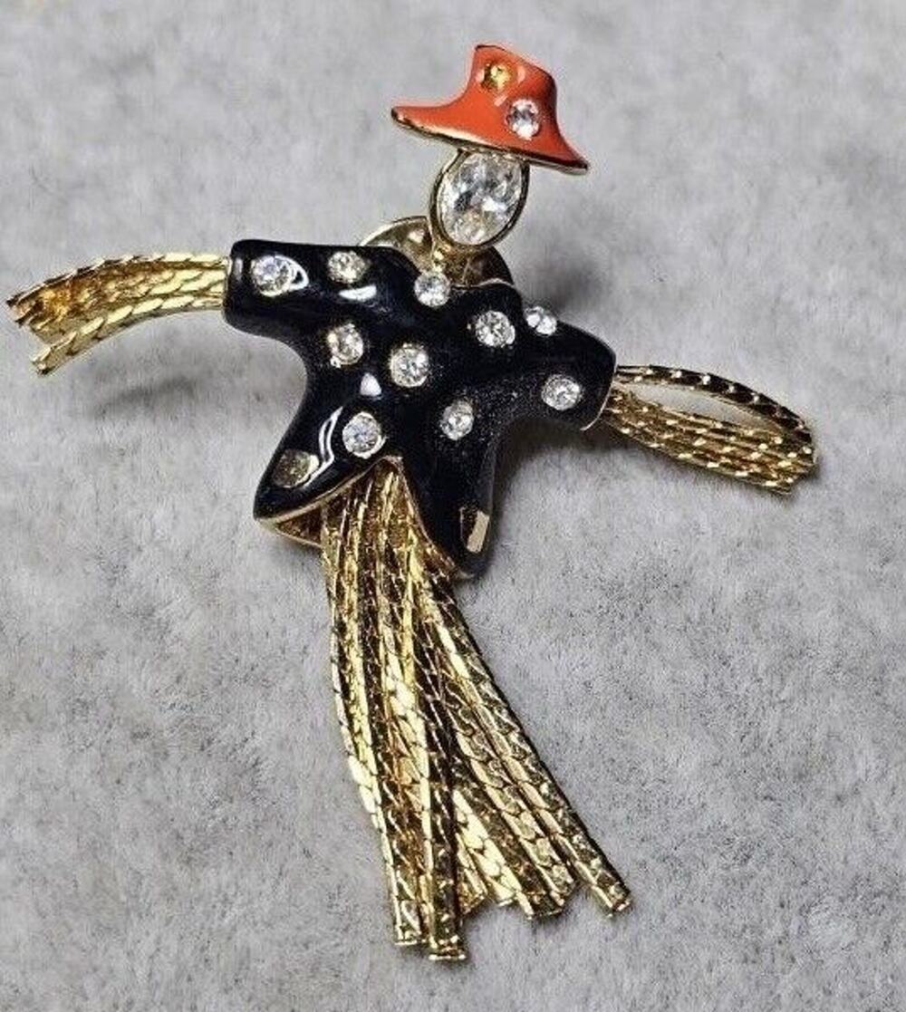 Pauline Rader Scarecrow Brooch enamel rhinestone Gold tone Black Pin Orange